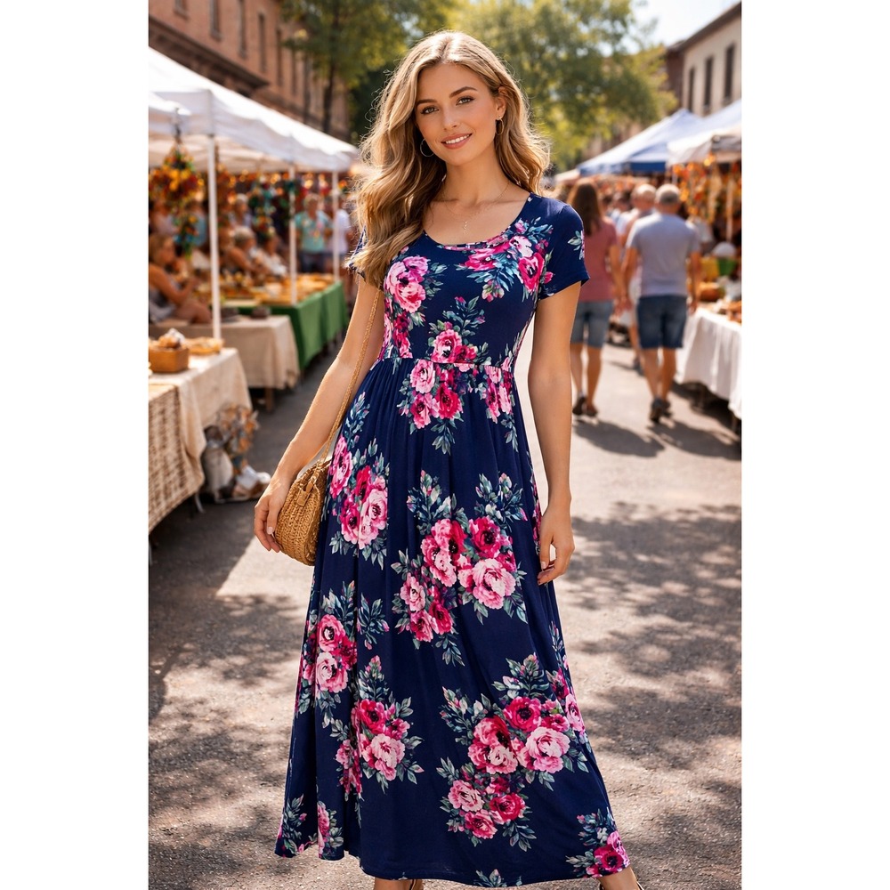 Dearcase Floral Maxi Dress Large Navy‎ Pink Rose Print Boho Casual Soft Stretch